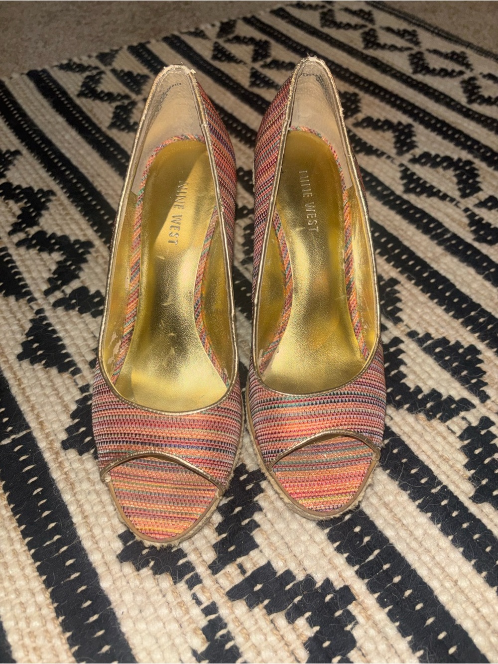 Nine West Multicolor Striped Peep-Toe Heels with Gold Insole